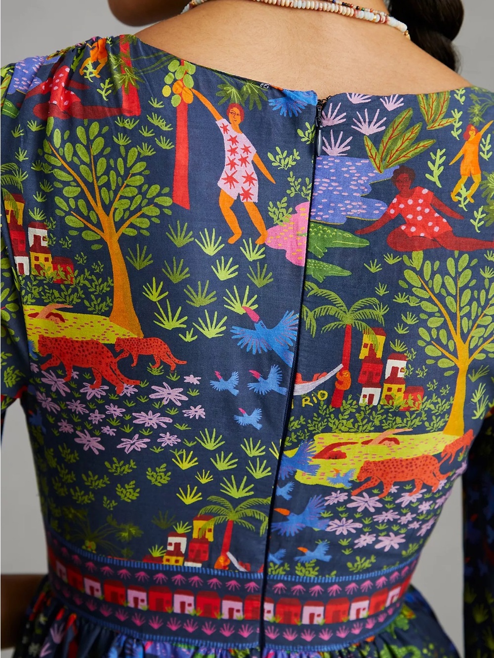 Farm Rio Utopia Puff Sleeve Tropical Midi Tier Dress NEW - Picture 7 of 11
